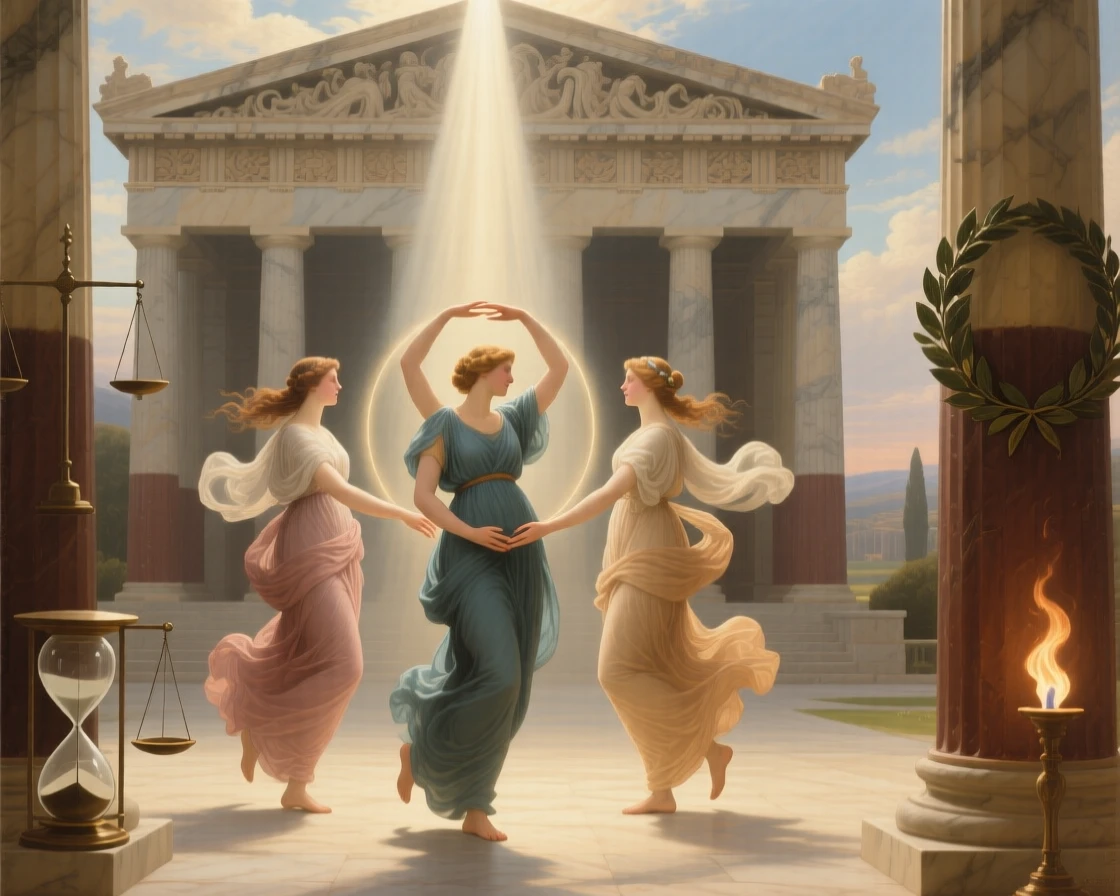 The three graces dancing in a circle of eternal harmony at the threshold between the mortal and the eternal, set within a classical temple open to the heavens, with a single ray of light illuminating the central symbolic gesture; the composition balances opposing symbolic elements on either side of the central figure, evoking profound meditation on fate, virtue, and the human condition.