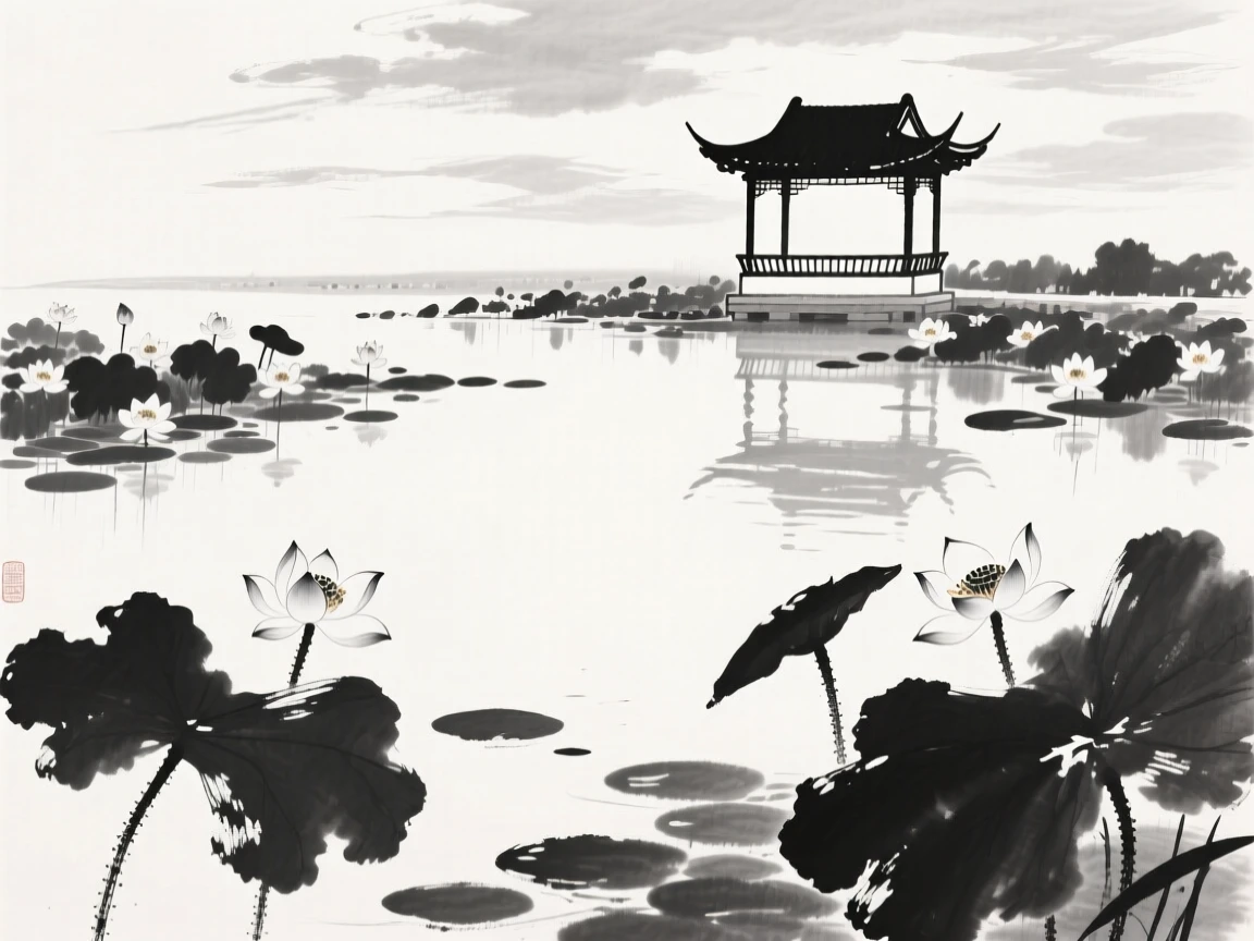 A pond filled with blooming lotus flowers stretches toward a distant pavilion, as the pond reflects a sky full of soft clouds.