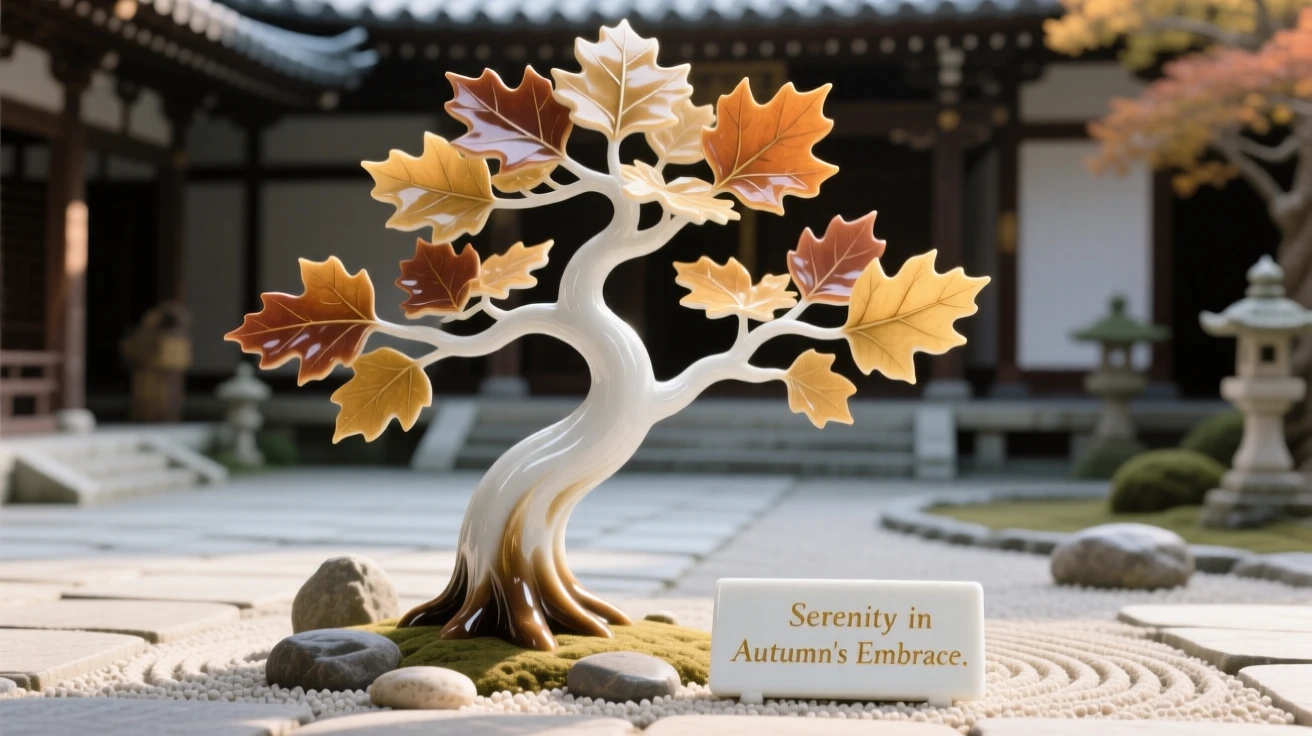 A blossoming oak tree glowing with autumn color in a tranquil temple courtyard.