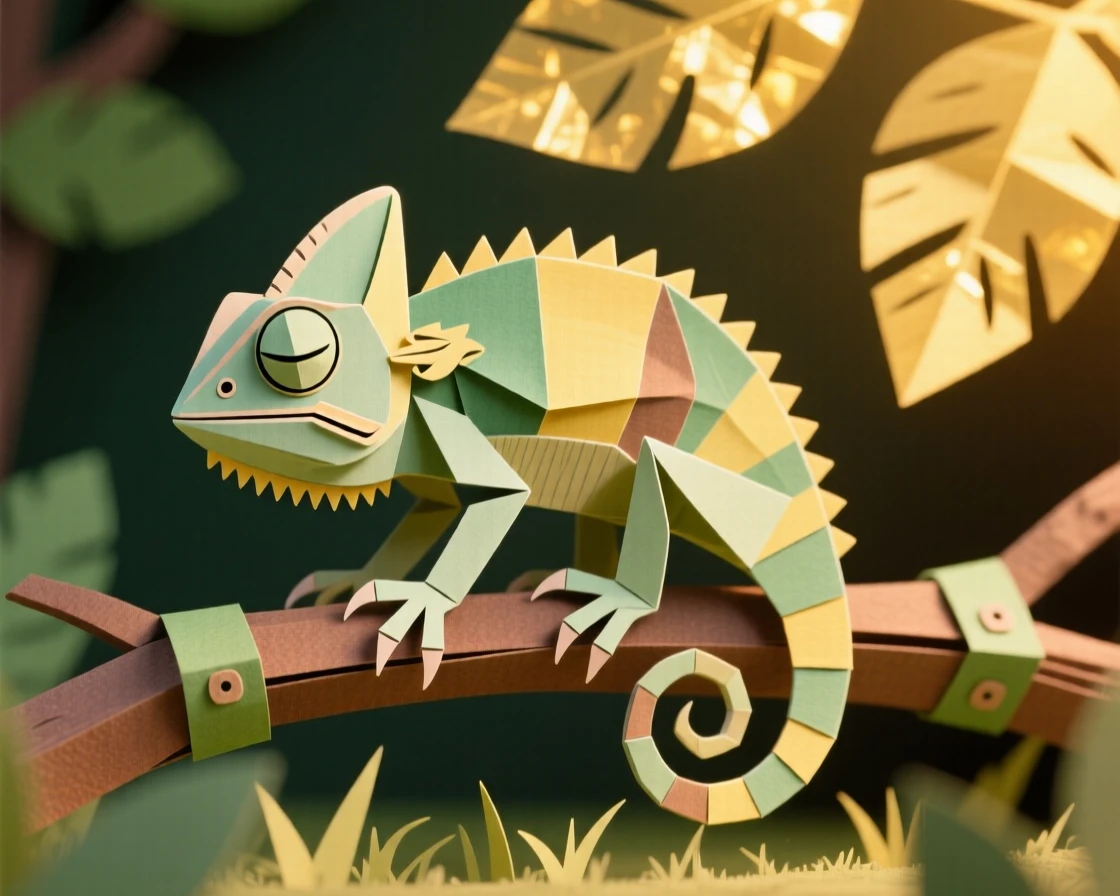 A tiny chameleon grooming itself in dappled sunlight, with soft golden light catching its fur, conveying quiet dignity and grace.