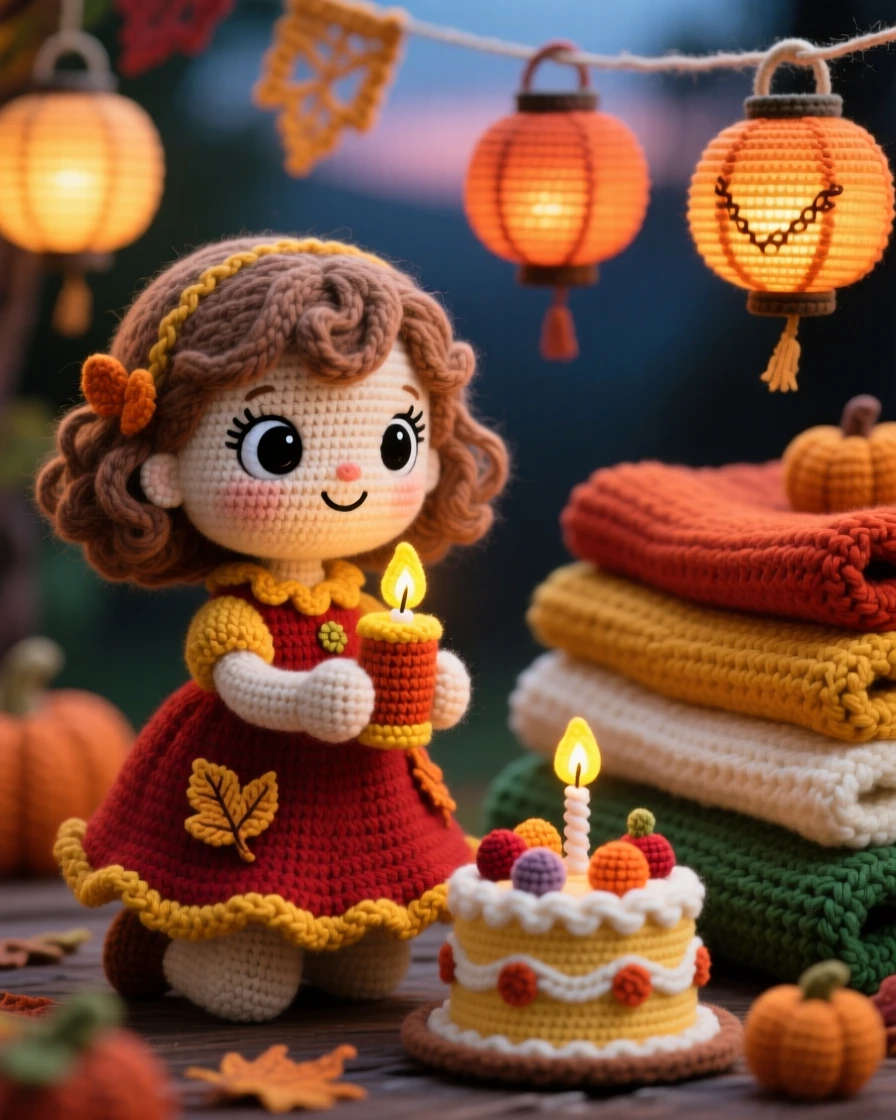 a little girl holding a candle for a birthday cake, with excited wide eyes, leaning in to make a wish, set in a lantern-lit harvest festival at dusk, with a stack of warm blankets, full of bright cheerful energy of a special day.