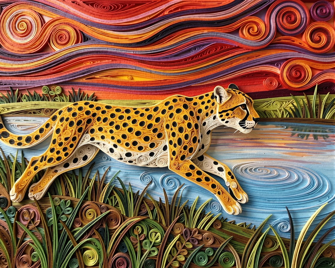 a cheetah mid-sprint chasing across the savanna, beside a still, glassy expanse of water, captured mid-action with dynamic movement, beneath a sky streaked with vivid color.