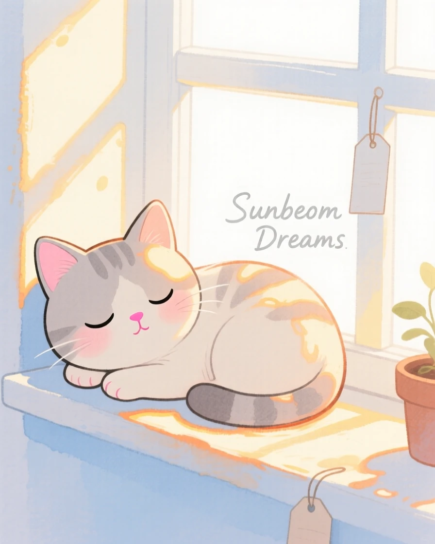 A curious kitten napping in a sunbeam by a window