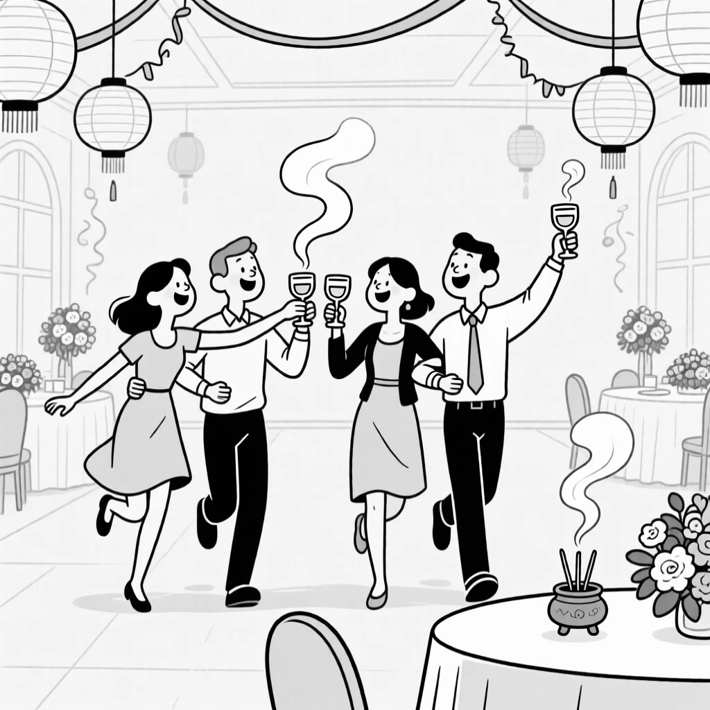 Friends clinking glasses in a joyful toast, linking arms and stepping in perfect unison, set in a banquet hall filled with festive decorations. Incense smoke curls gently upward. It radiates the timeless magic of coming together to celebrate.