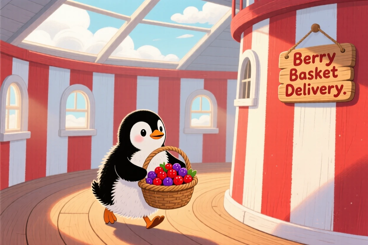 A waddling penguin chick is carrying a basket of berries in a striped lighthouse, as soft clouds drift overhead.