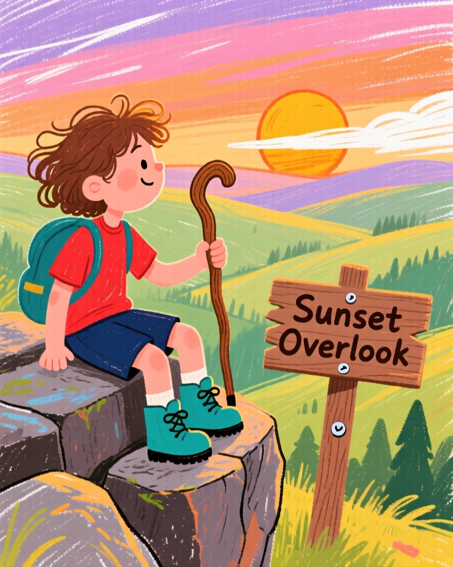 A hiker with a walking stick resting at a scenic overlook at sunset.