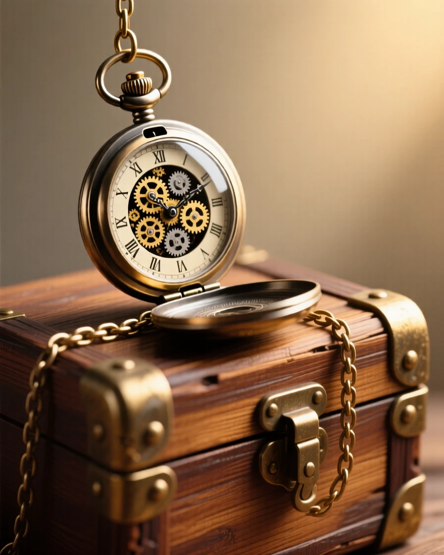 A pocket watch hanging open to reveal delicate gears, arranged atop an antique wooden trunk, composed with a warm, nostalgic sense of stillness, with soft golden light highlighting fine craftsmanship.