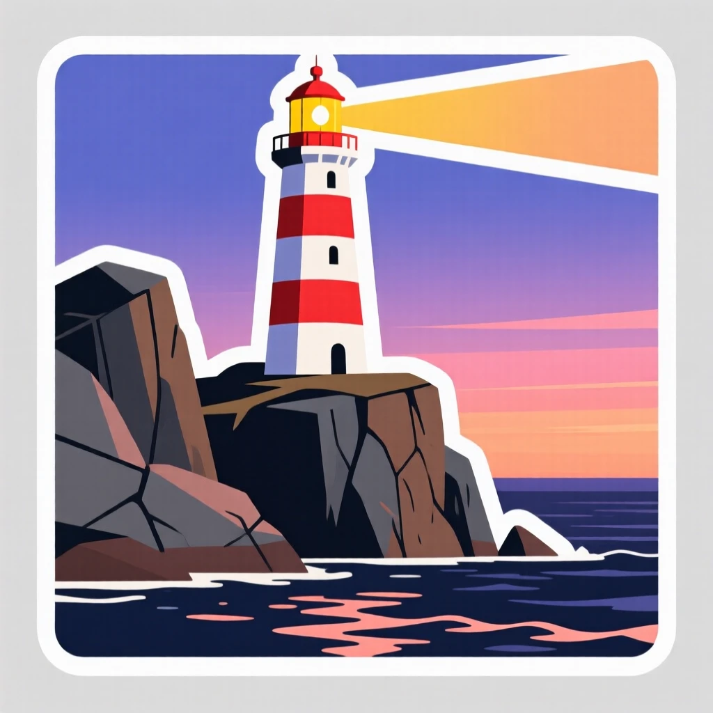 A vibrant lighthouse on a rocky cliff at dusk, reflecting the colors of the sunset, on a peaceful weekend getaway.