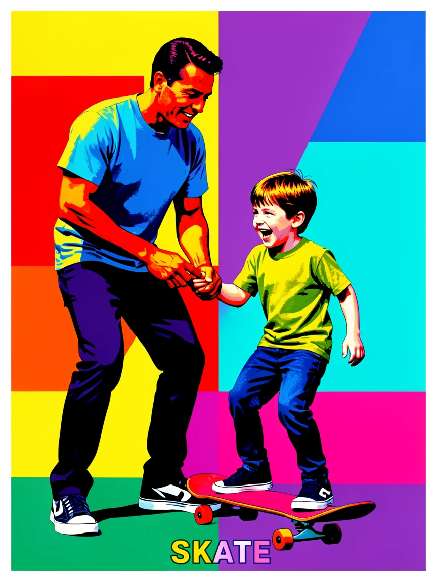 Man teaching his son to skateboard