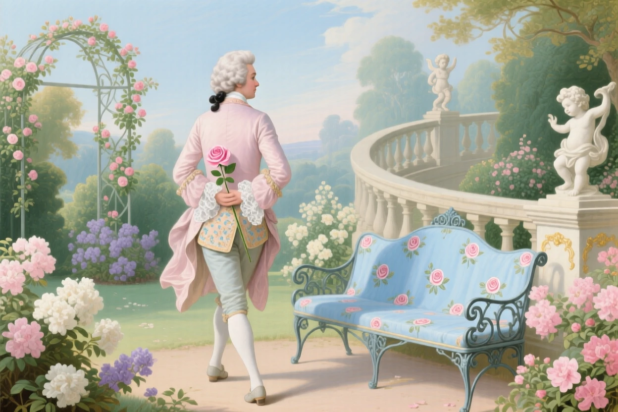 A gentleman holding a rose behind his back as he approaches a garden bench  