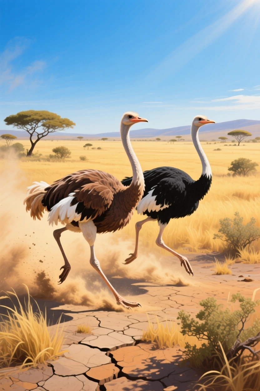 A pair of ostriches run across the African savanna at full speed, dust trailing behind their powerful legs beneath a wide blue sky, nearby vegetation and terrain grounding the animal firmly within its natural environment.