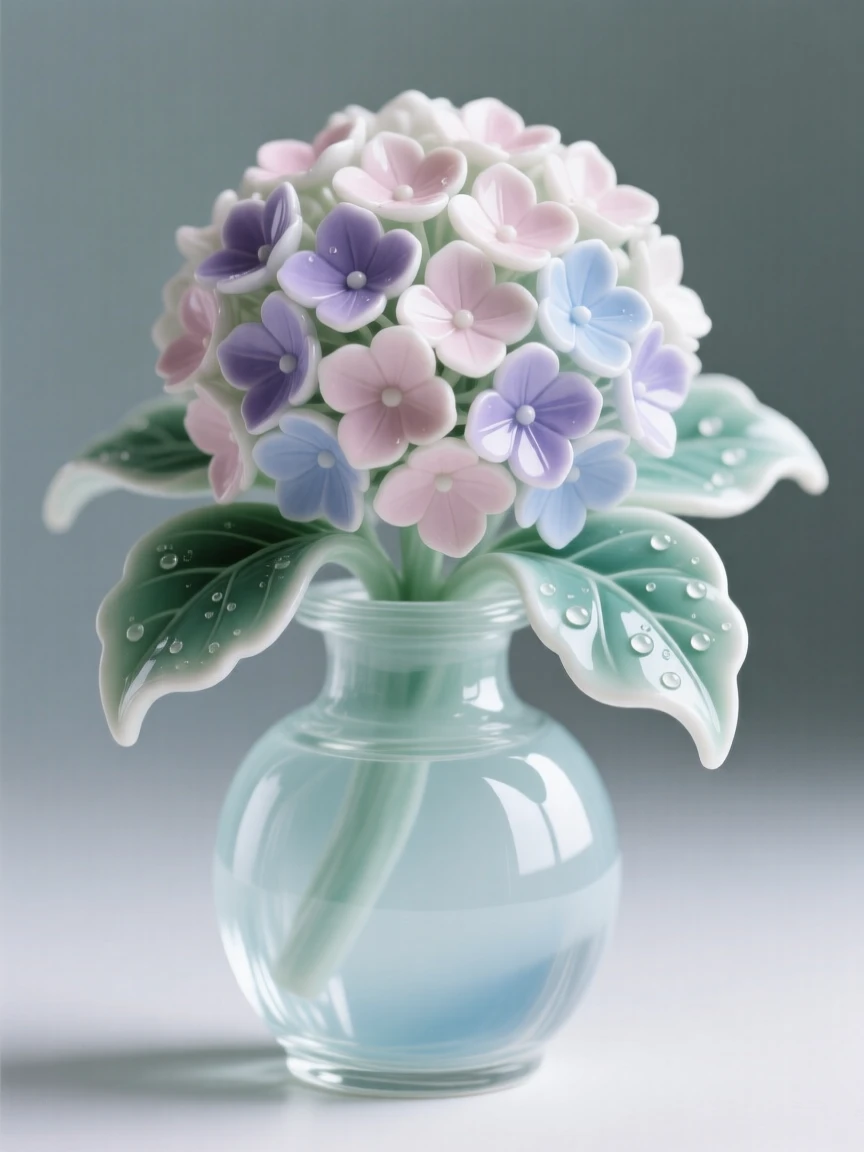 A lush arrangement of hydrangeas in a delicate glass jar, dew still clinging to the leaves.