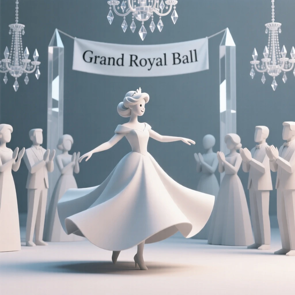 A radiant princess dances at a grand ball, gown swirling beneath sparkling crystal chandeliers as guests applaud.