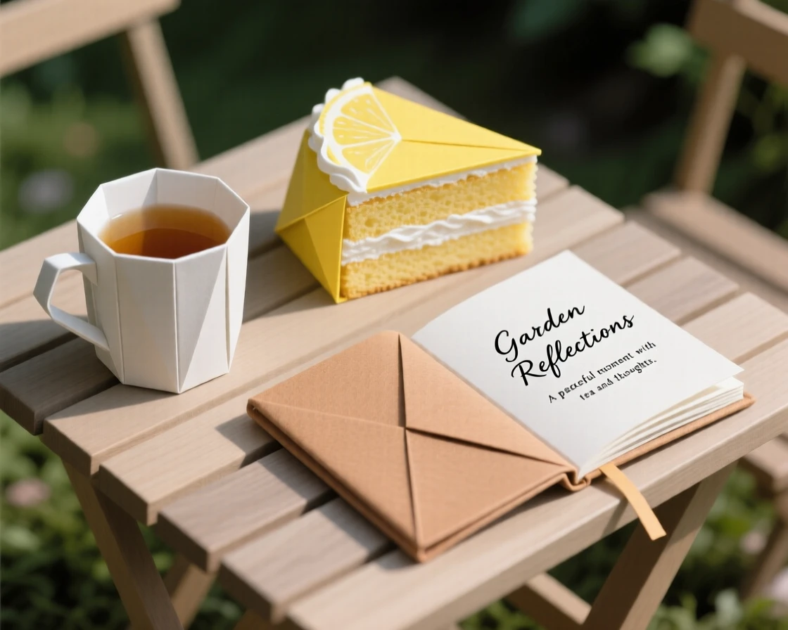 A cup of tea and a slice of lemon cake set beside an open journal on a garden table.