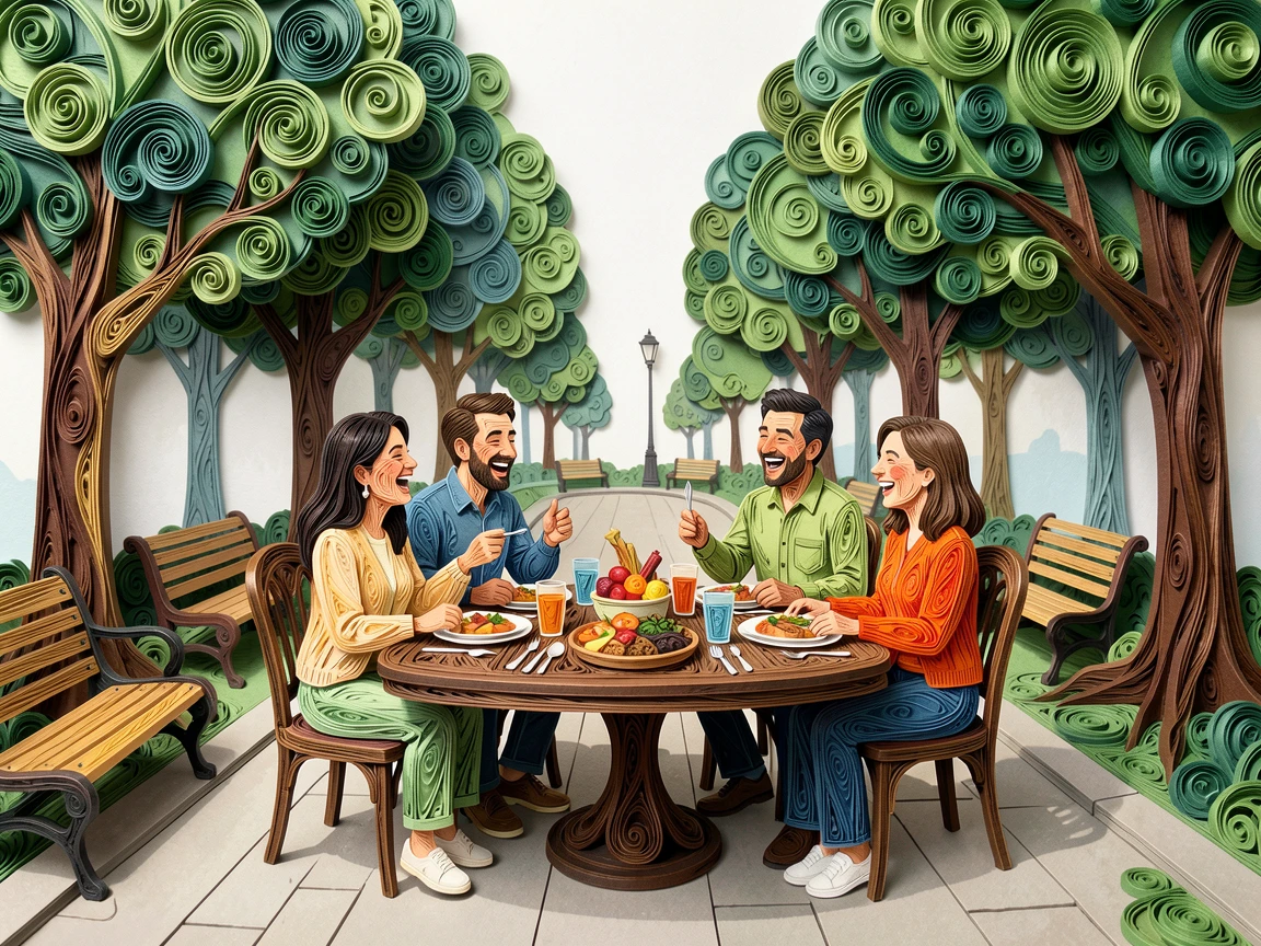 a family gathered around a table sharing a warm meal, on a tree-lined path in a city park, captured mid-laugh in a candid, joyful moment, with soft shadows adding quiet intimacy.