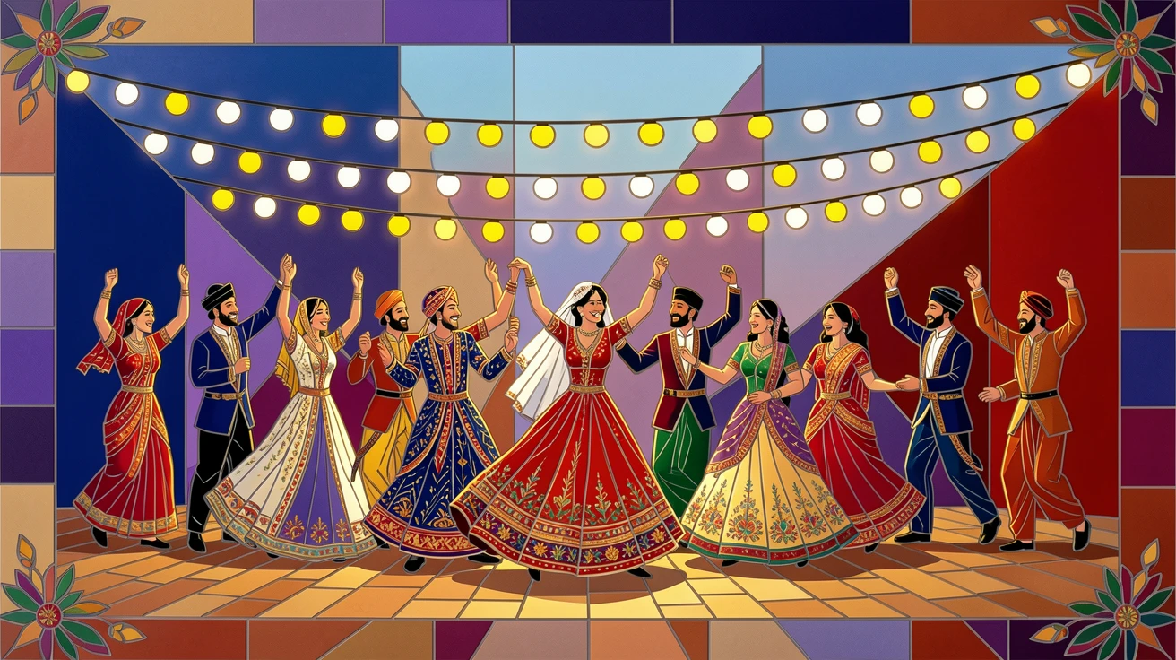 A vibrant, festive scene of a joyful wedding celebration with guests dancing under string lights, rich in color and cultural detail.