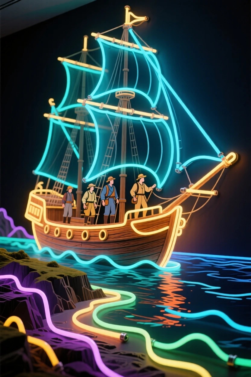 A detailed vignette of a group of explorers charting a coastline from a wooden sailing ship.