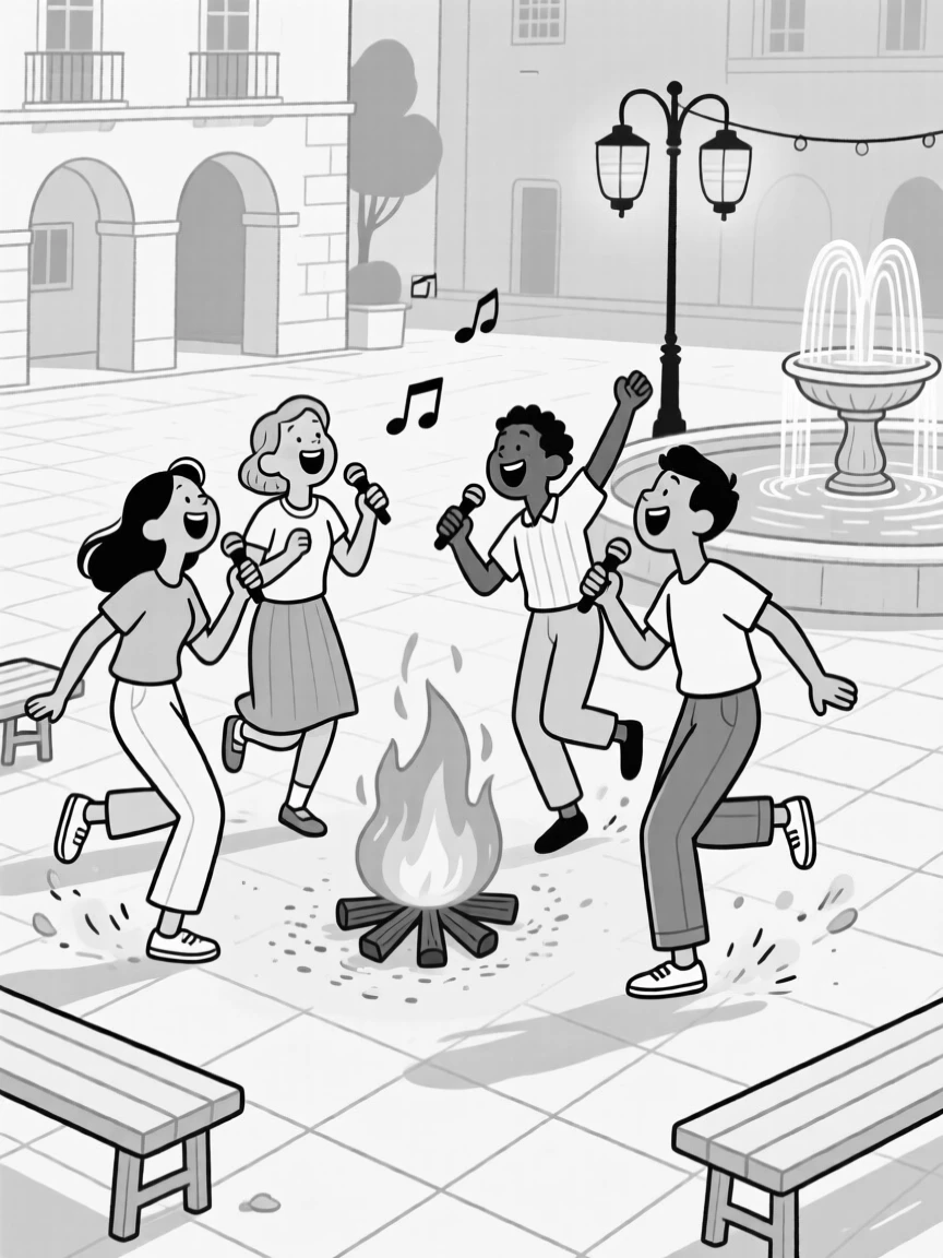A group singing together around a bonfire, kicking up dust with joyful, rhythmic footwork, set in a sunny plaza filled with music. Soft lantern light reflects off a nearby fountain. There's a deep sense of belonging and festivity in the air.