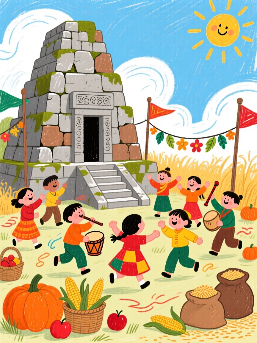 A harvest celebration performing beside an ancient temple.