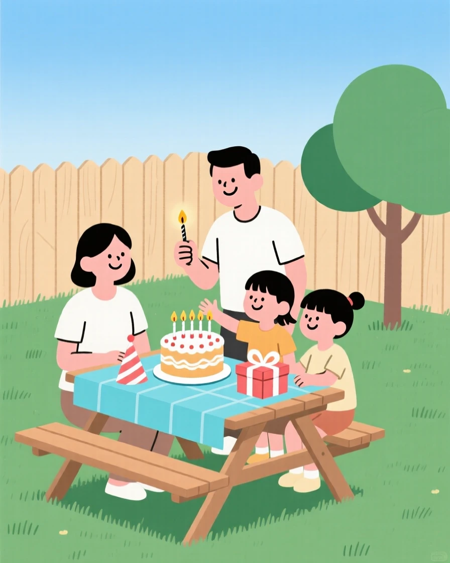 A family celebrating a birthday together in their backyard.
