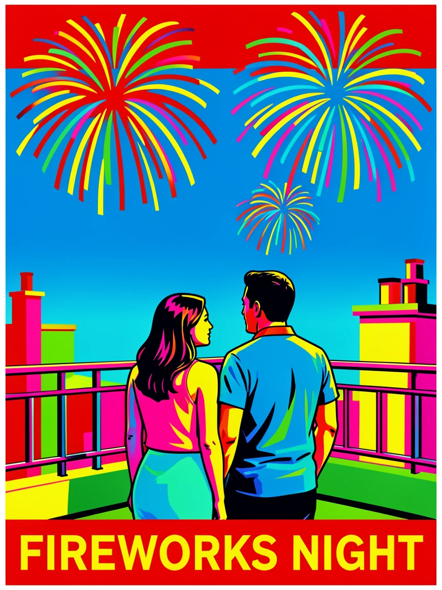 Couple watching fireworks from a rooftop