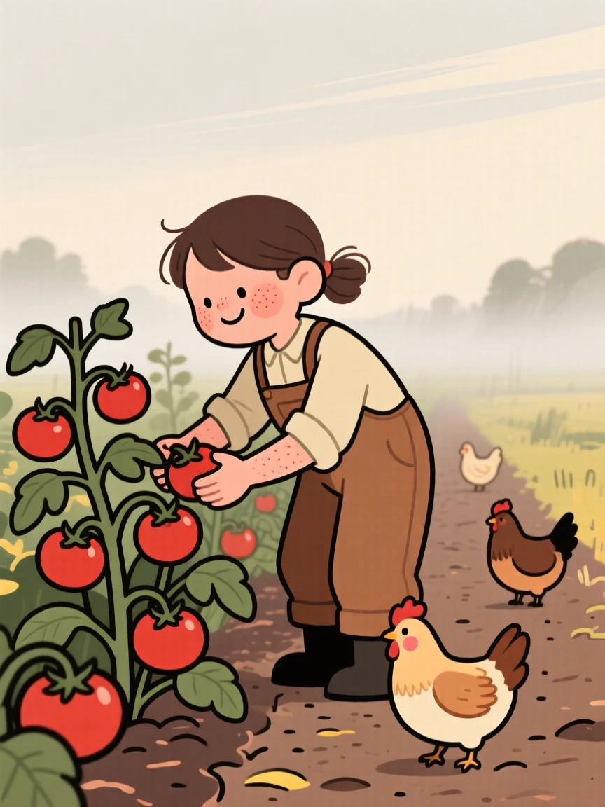 A young farmer tends rows of ripening tomatoes on a countryside plot as chickens wander nearby and the morning mist begins to lift.