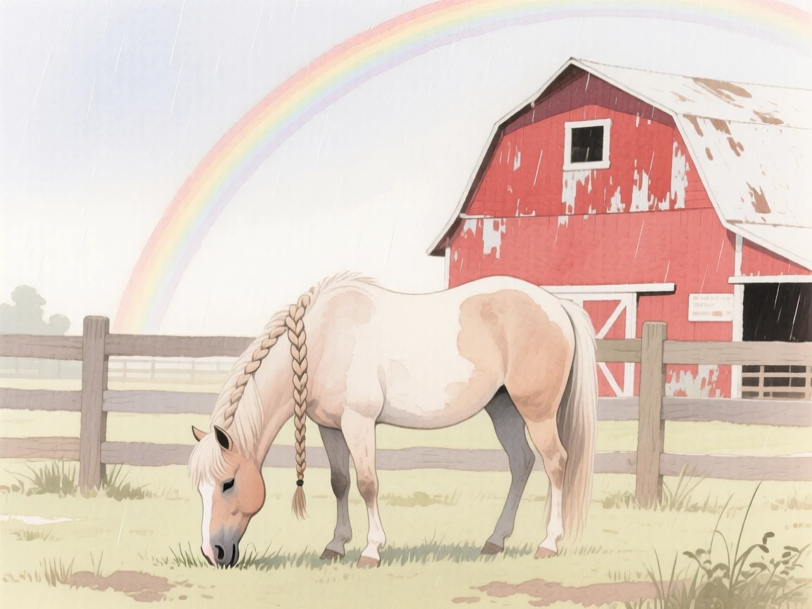 A pony with a braided mane grazes in a fenced paddock beside a red barn and a rainbow after rain