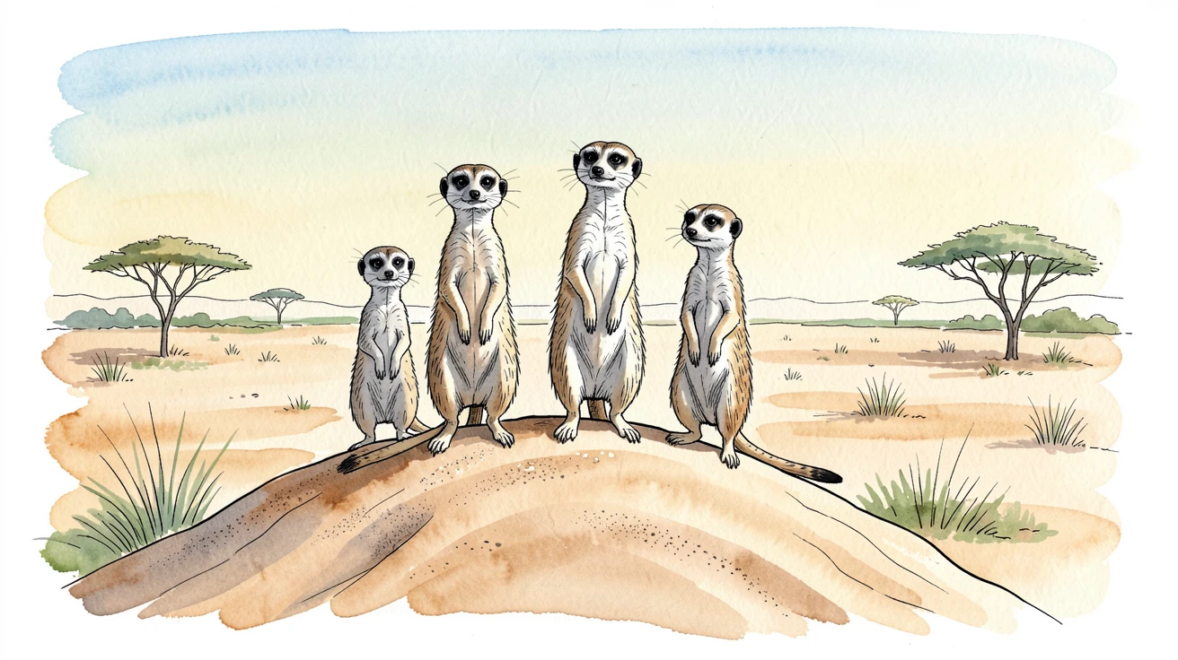 A group of meerkats standing alert atop a sandy mound, the surrounding landscape stretching wide and open behind them.