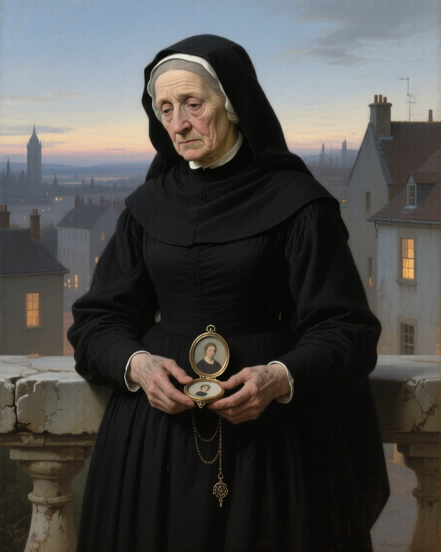 A widow in mourning black gazing at a locket portrait pausing as if interrupted by an unseen presence, set on a stone balcony overlooking a quiet town at dusk, with worn hands and a face lined by years of quiet labor; the hands are given equal storytelling weight alongside the face, suggesting a private world just glimpsed by the viewer.