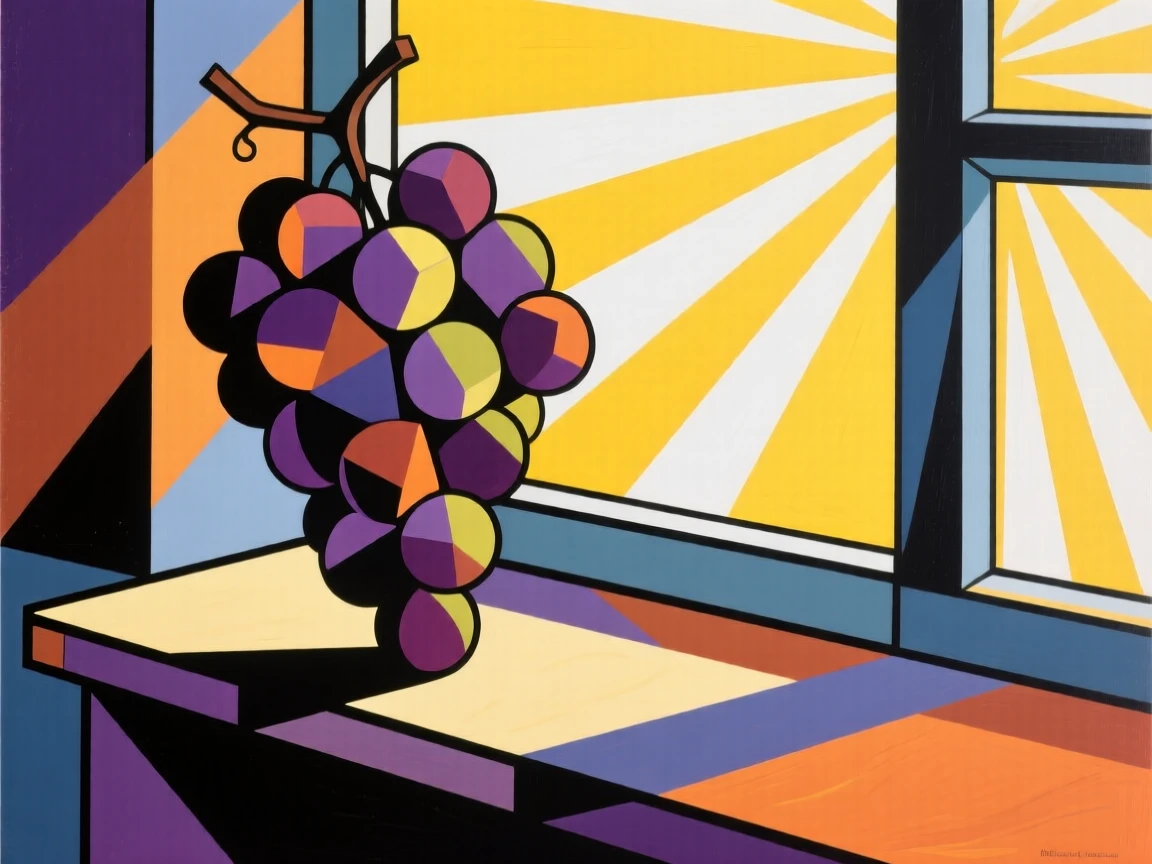An elegant still life featuring a cluster of wine grapes beside a sunlit windowsill.