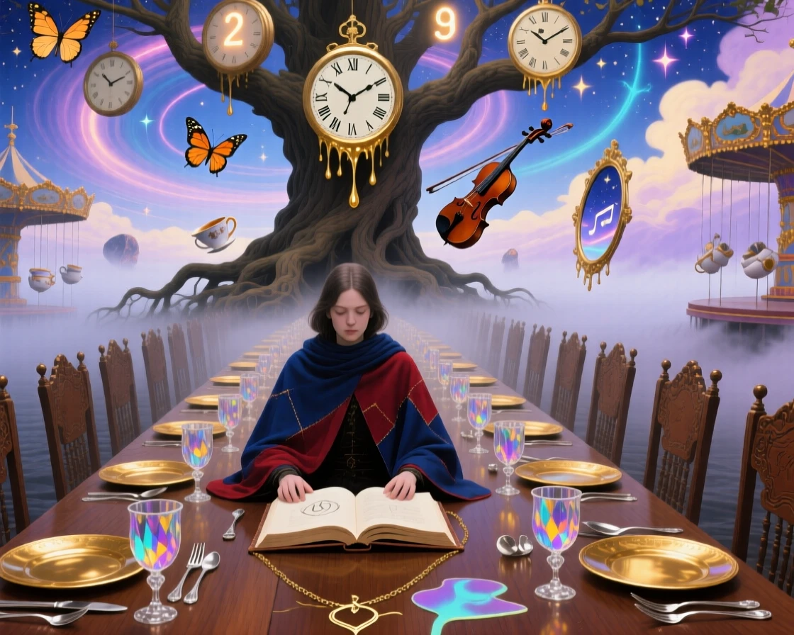 A figure sitting alone at a table set for a hundred guests sits beneath a tree whose leaves are made of clock faces, while the world around them fades into soft watercolor mist.