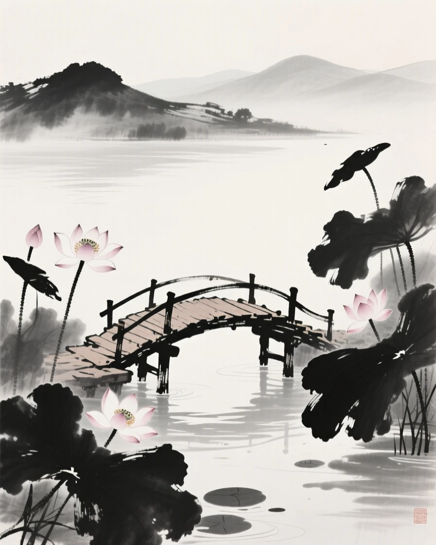 Lotus flowers bloom around a small wooden footbridge, with distant hills visible beyond the pond.