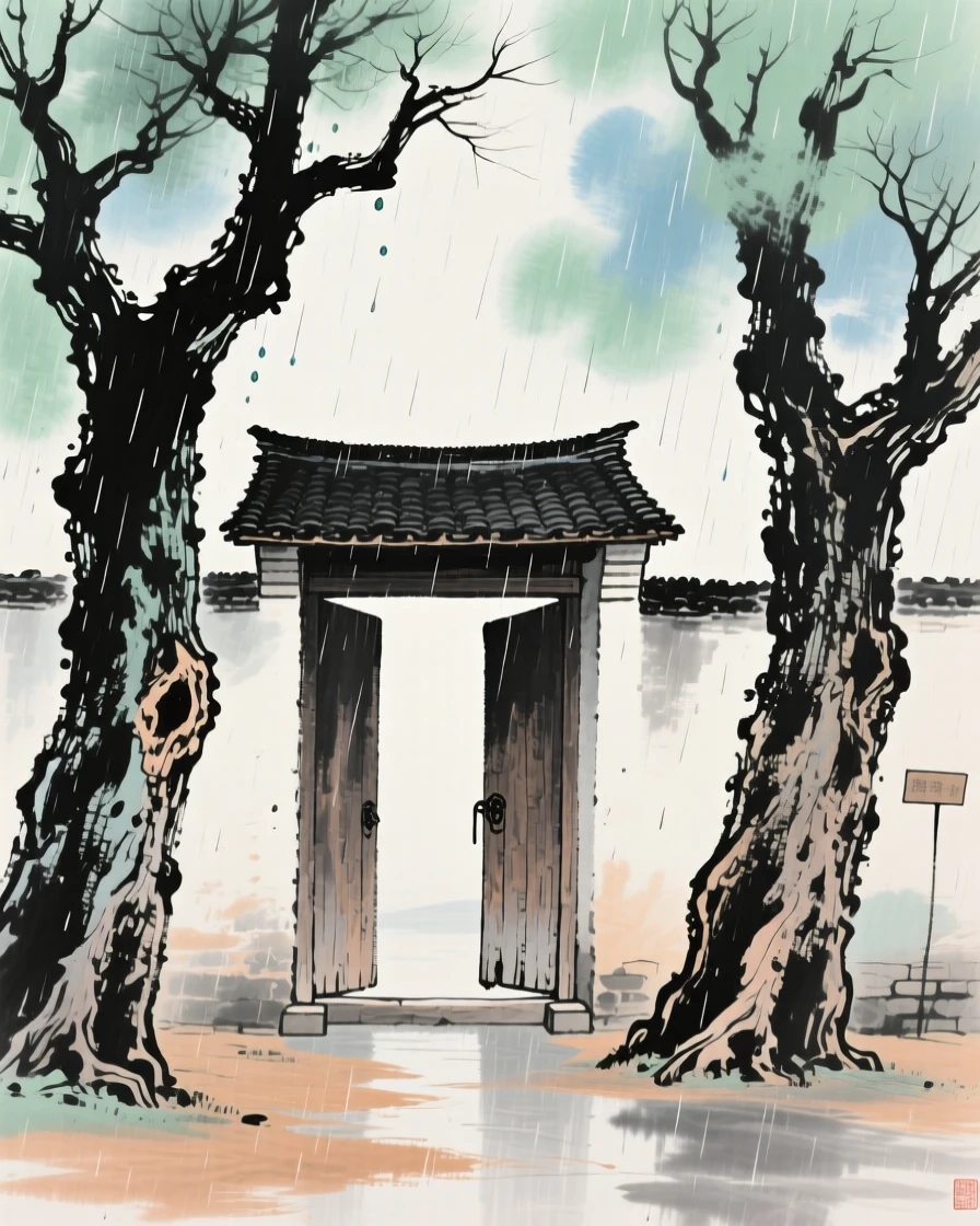 A village gate framed by two towering old trees, touched with gentle melancholy, as summer rain begins to fall.