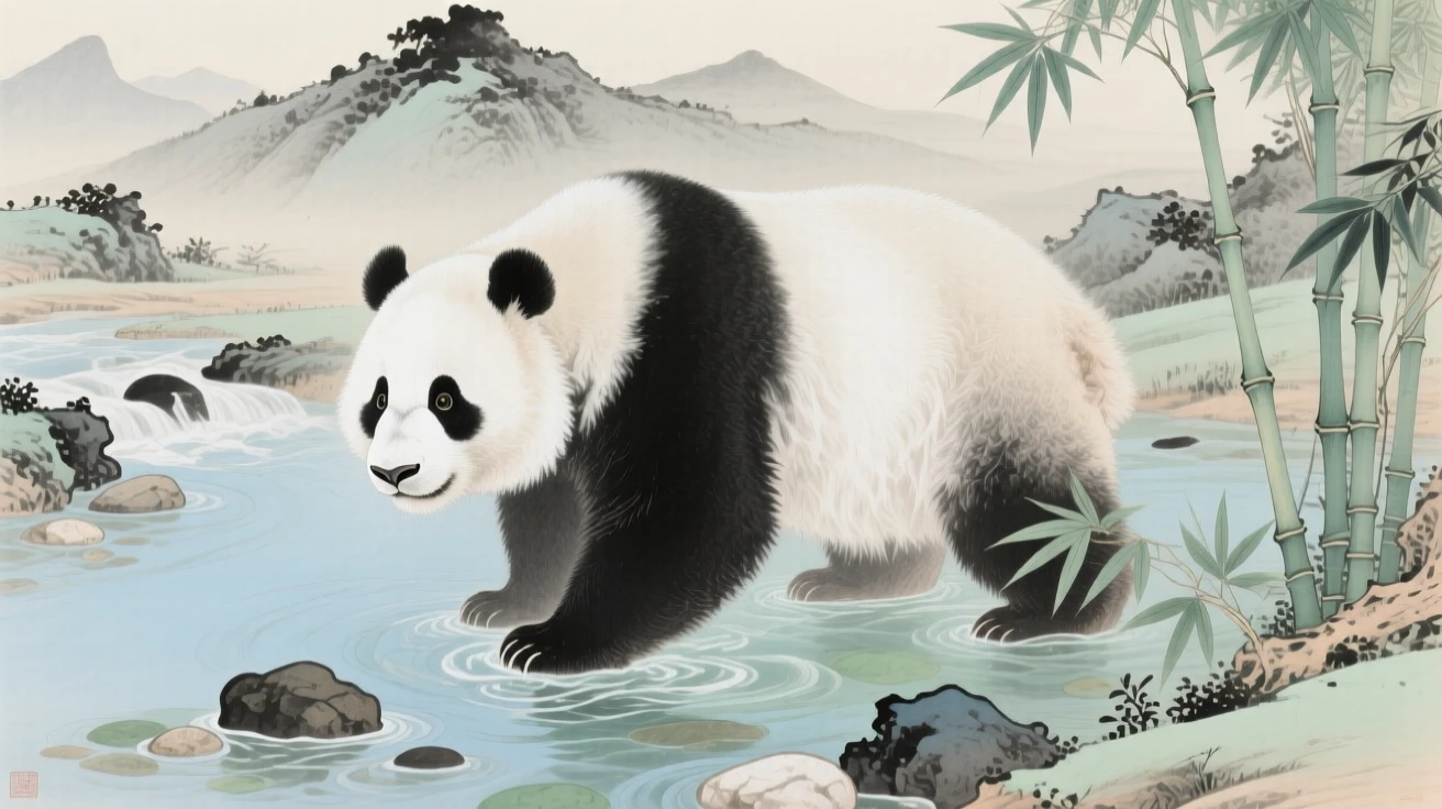 A giant panda wading through a shallow mountain stream