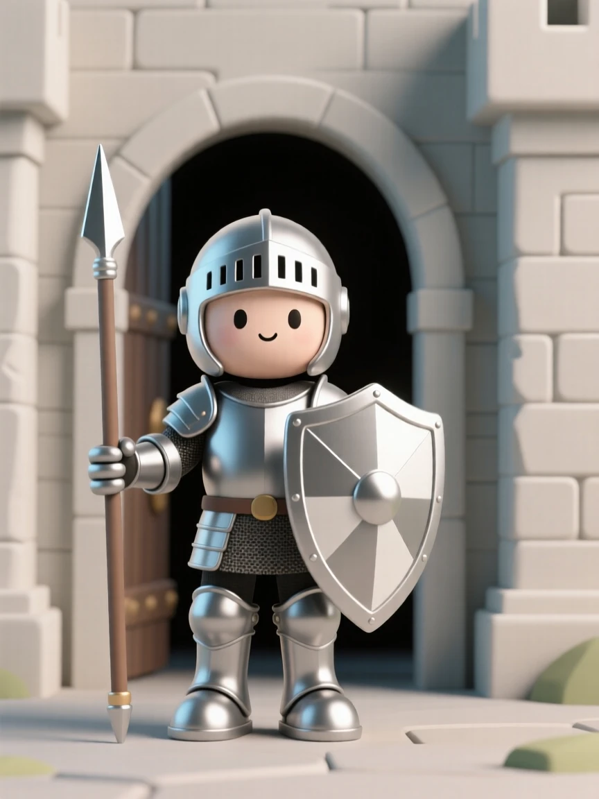 A loyal knight stands guard at a castle gate, shield polished and spear planted firmly beside armored boots.
