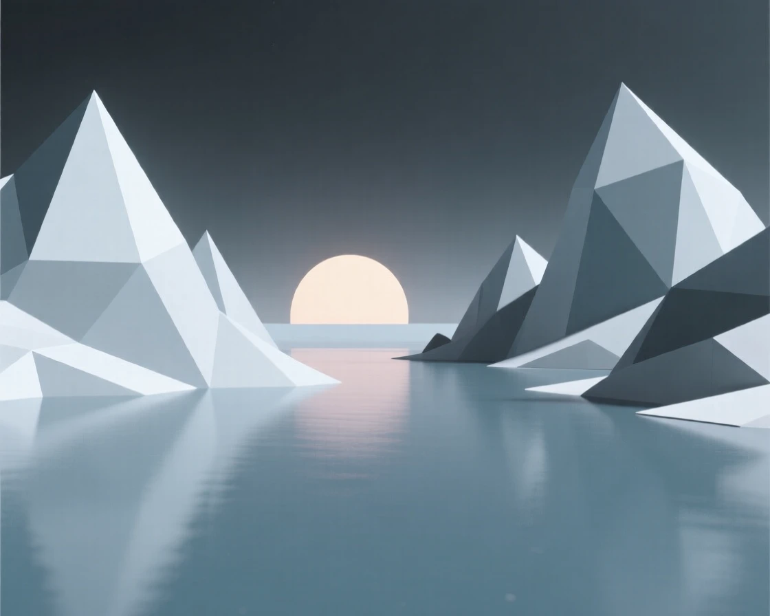 A serene lake reflecting snow-capped mountains, as the sun begins to rise. the horizon line anchors a balanced composition. The atmosphere is dramatic and powerful.