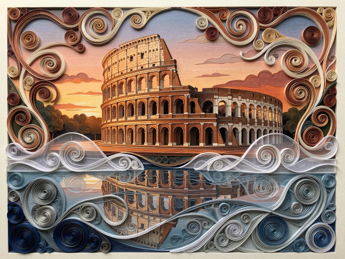 A breathtaking view of the Colosseum bathed in warm evening light beside a calm reflective body of water, with soft mist drifting through the scene, composed with the landmark as a striking central focal point.