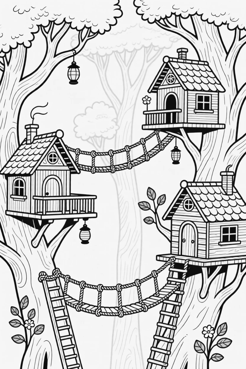 A treehouse village connected by rope bridges high in enchanted trees