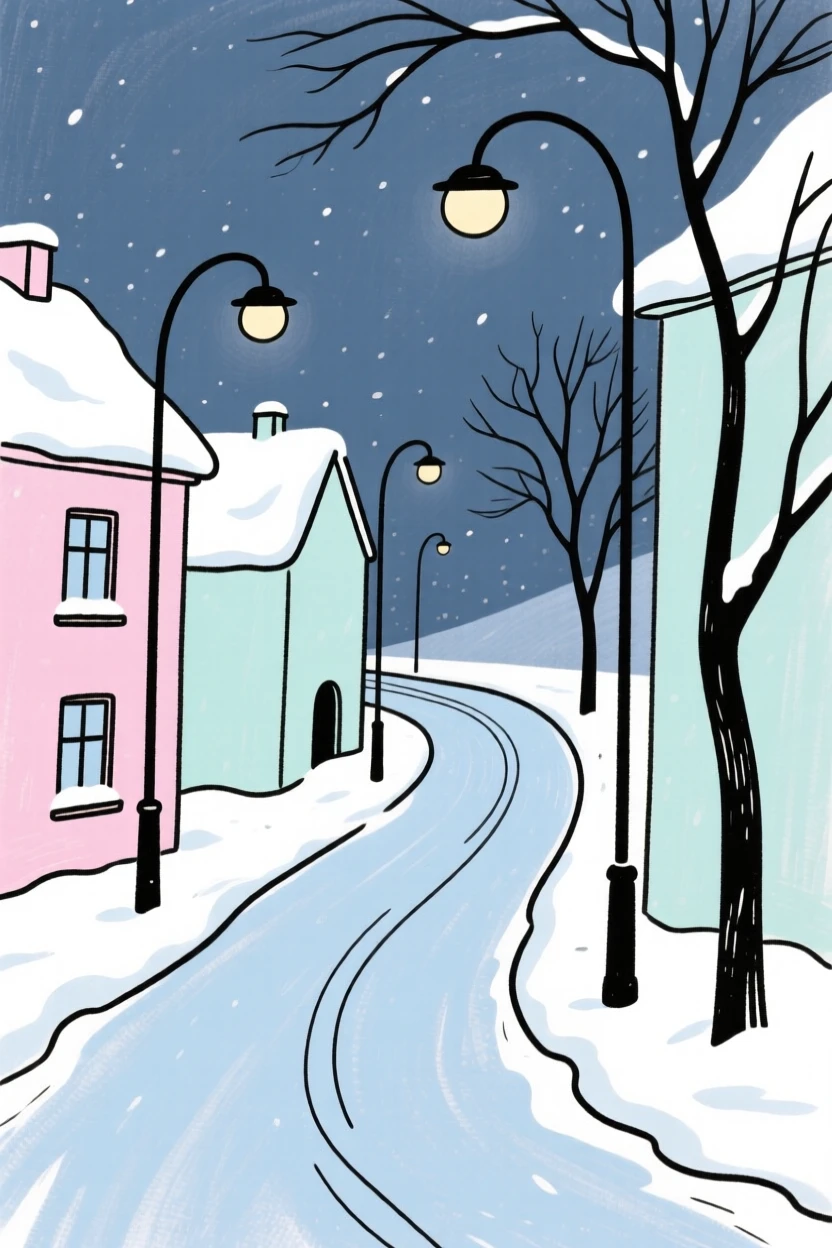 A quiet snowy street at night