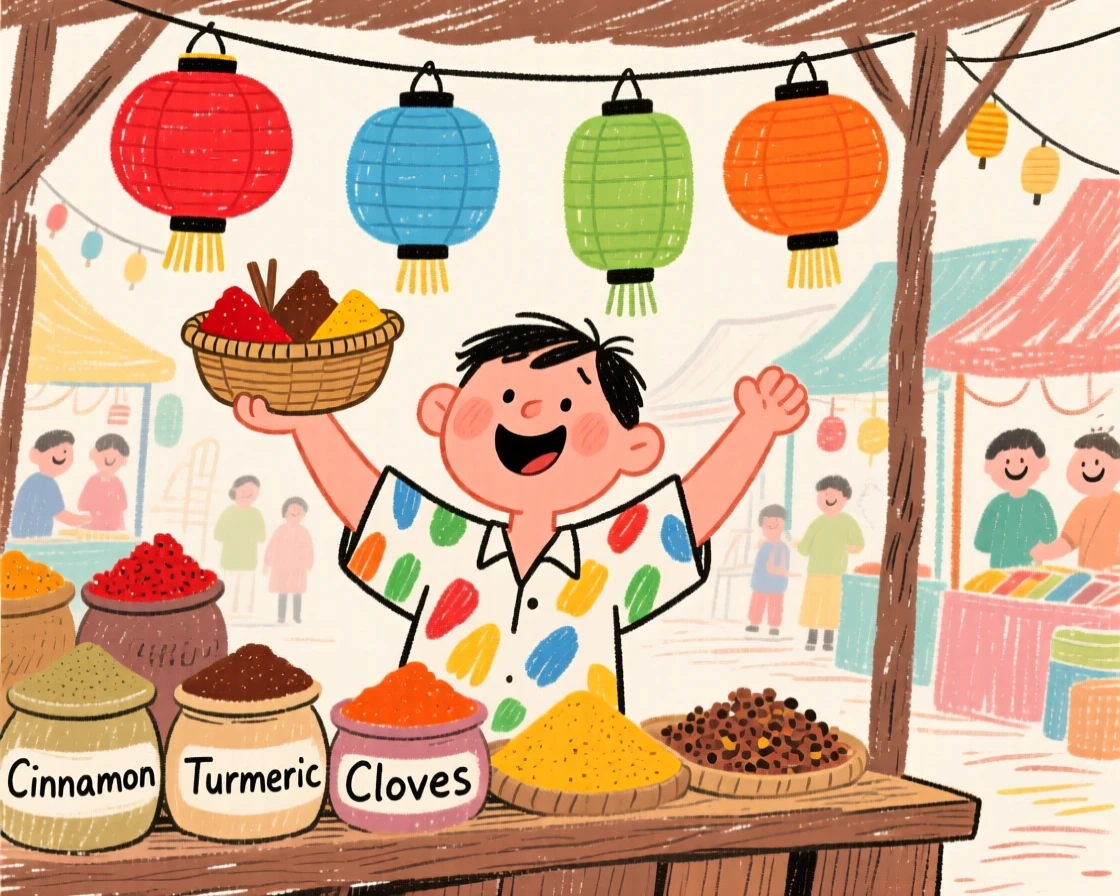 A spice market vendor celebrating beneath strings of colorful lanterns.