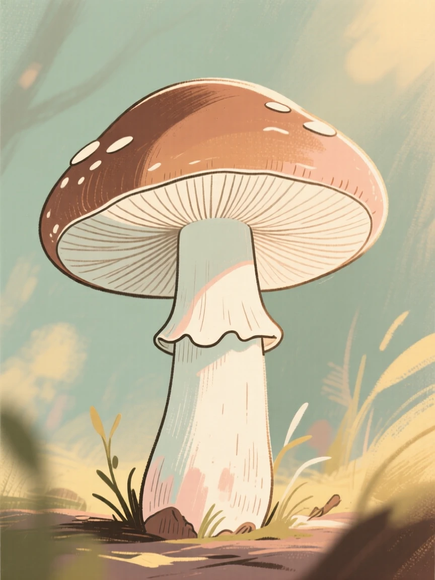A naturalist's sketch of a mushroom's cap, gills, and stem