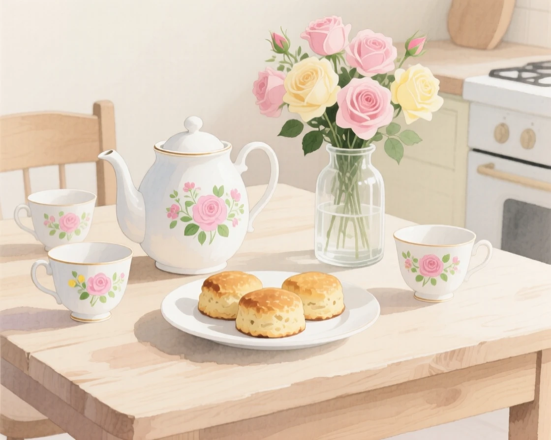 A kitchen table set with a teapot, floral cups, and a plate of scones beside a vase of garden roses