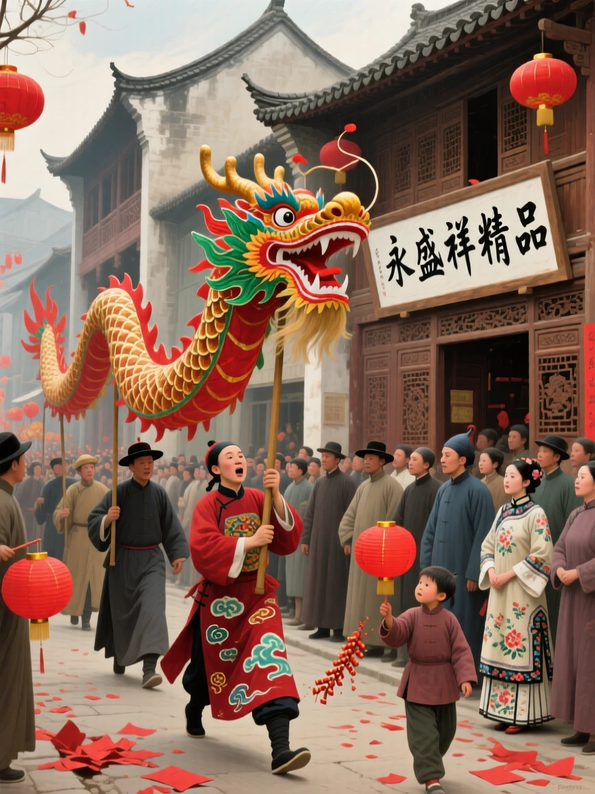 A Chinese New Year parade with a vibrant dragon dance winding through the streets, with intricate cultural details woven throughout the composition, capturing the grandeur and detail of a bygone era
