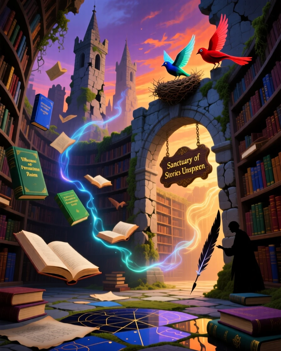 A vast library where books float gently between towering shelves holds its secrets quietly behind crumbling stone walls, while birds nest peacefully among its crumbling towers.