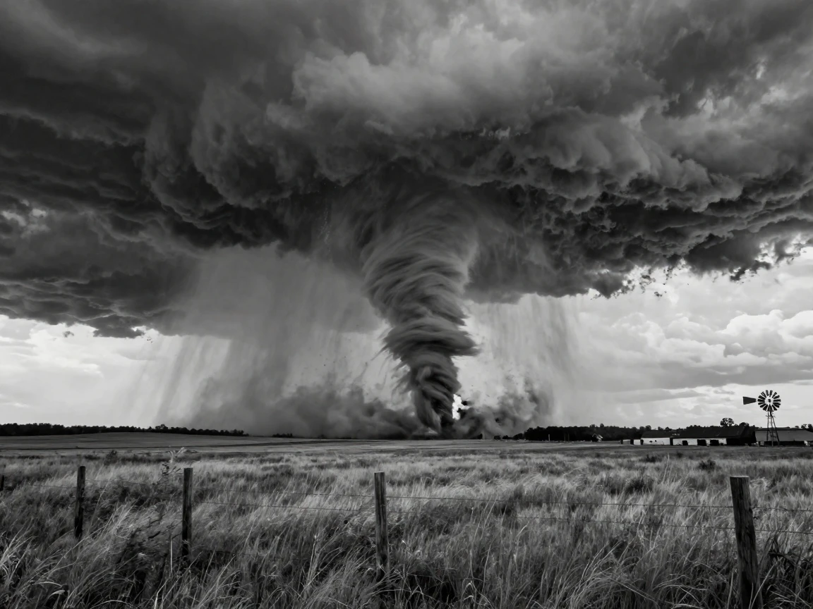 A tornado tears across an open prairie across a rural farming landscape.