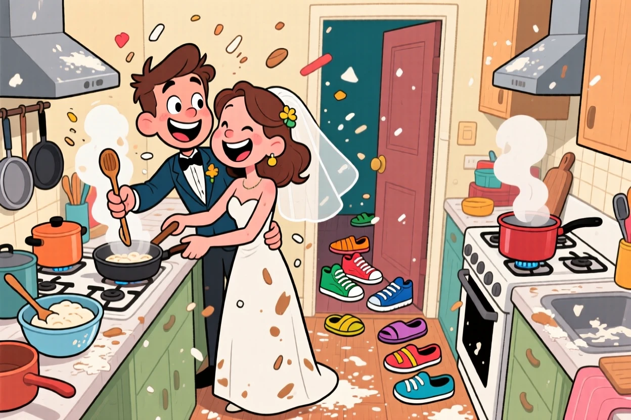 A heartwarming scene of newlyweds cooking a meal together in a cramped kitchen, flour flying everywhere, with everyone's shoes kicked off by the door.