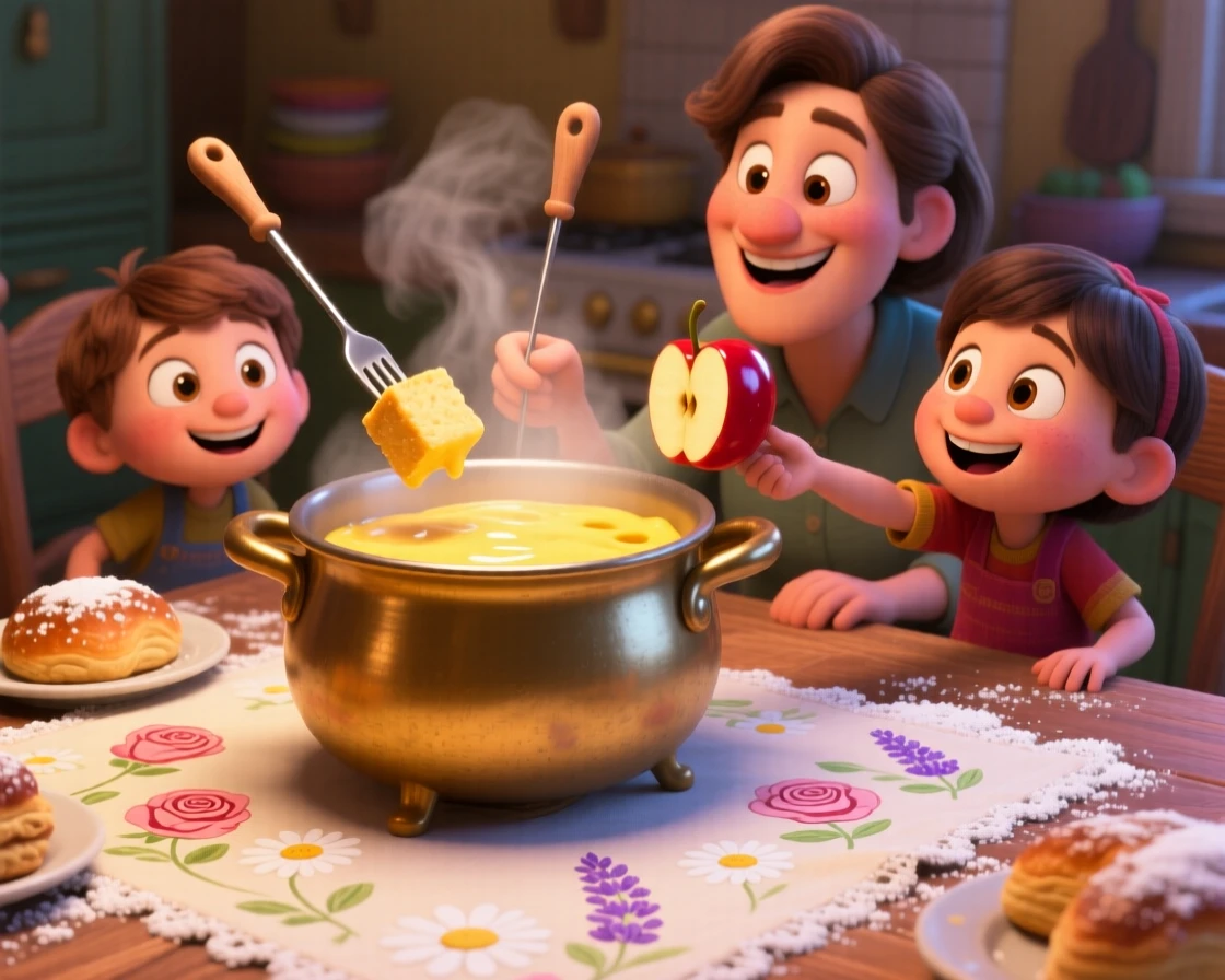 A bubbling pot of cheese fondue sits on a tablecloth decorated with fresh flowers, with a light dusting of powdered sugar. The mood is festive and appetizing.
