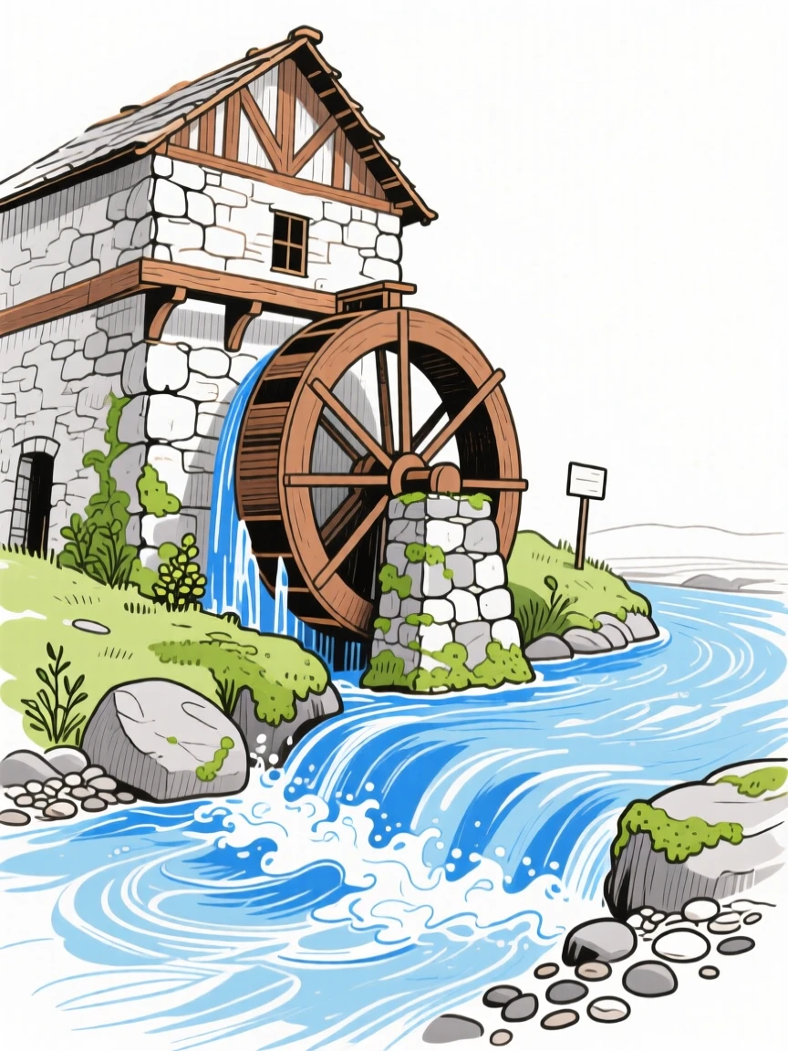 An old stone watermill beside a rushing stream.