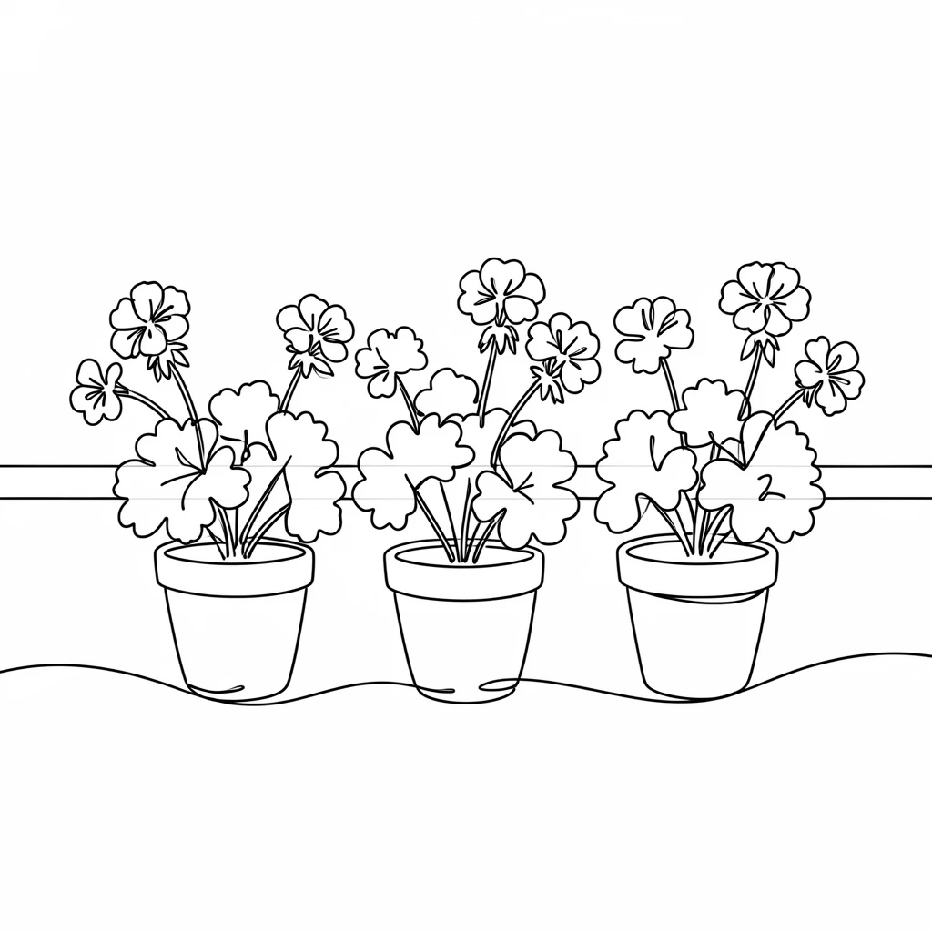 A row of potted geraniums lining a sunny balcony railing