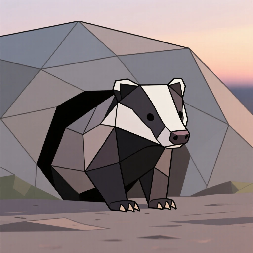 A badger emerging from its burrow at dusk